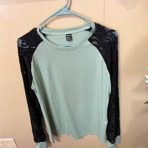 SHEIN Mint Green Top with Black Lace Sleeves